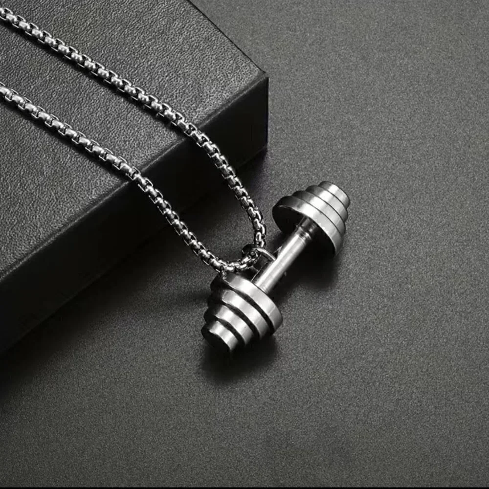 Dumbbell Tapered Weights Pendant and Necklace Stainless Steel (#846)